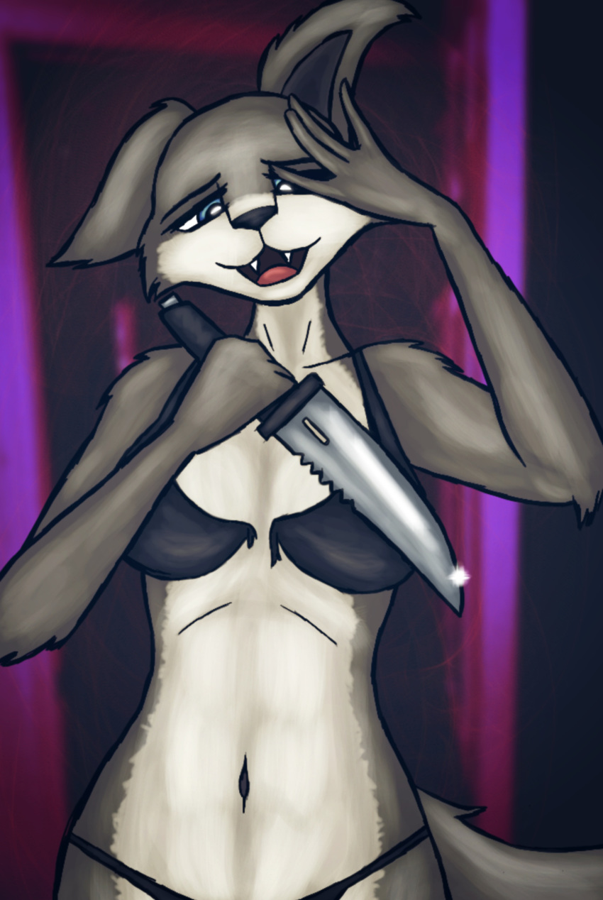 2020 absurd_res beastars black_bra black_clothing black_panties black_underwear bra breasts canid canine canis clothed clothing dagger female fur grey_body grey_fur half-closed_eyes hand_covering_face hand_on_face hi_res holding_dagger holding_object holding_weapon insane juno_(beastars) kandelgoat looking_at_viewer mammal melee_weapon multicolored_body multicolored_fur narrowed_eyes navel one_ear_up open_mouth panties reverse_grip solo teeth tongue torn_bra torn_clothing torn_underwear two_tone_body two_tone_fur underwear underwear_only weapon white_body white_fur wolf yandere yandere_trance