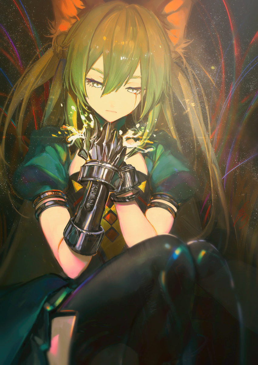 1girl absurdres animal_ears atalanta_(fate) black_legwear blonde_hair blood bloody_tears closed_mouth fate/apocrypha fate/grand_order fate_(series) fox_ears gauntlets gradient_hair green_hair hair_between_eyes half-closed_eyes highres hoojiro light_particles long_hair looking_at_viewer looking_down multicolored_hair puffy_short_sleeves puffy_sleeves sad short_sleeves sitting solo thick_eyebrows thighhighs tsurime