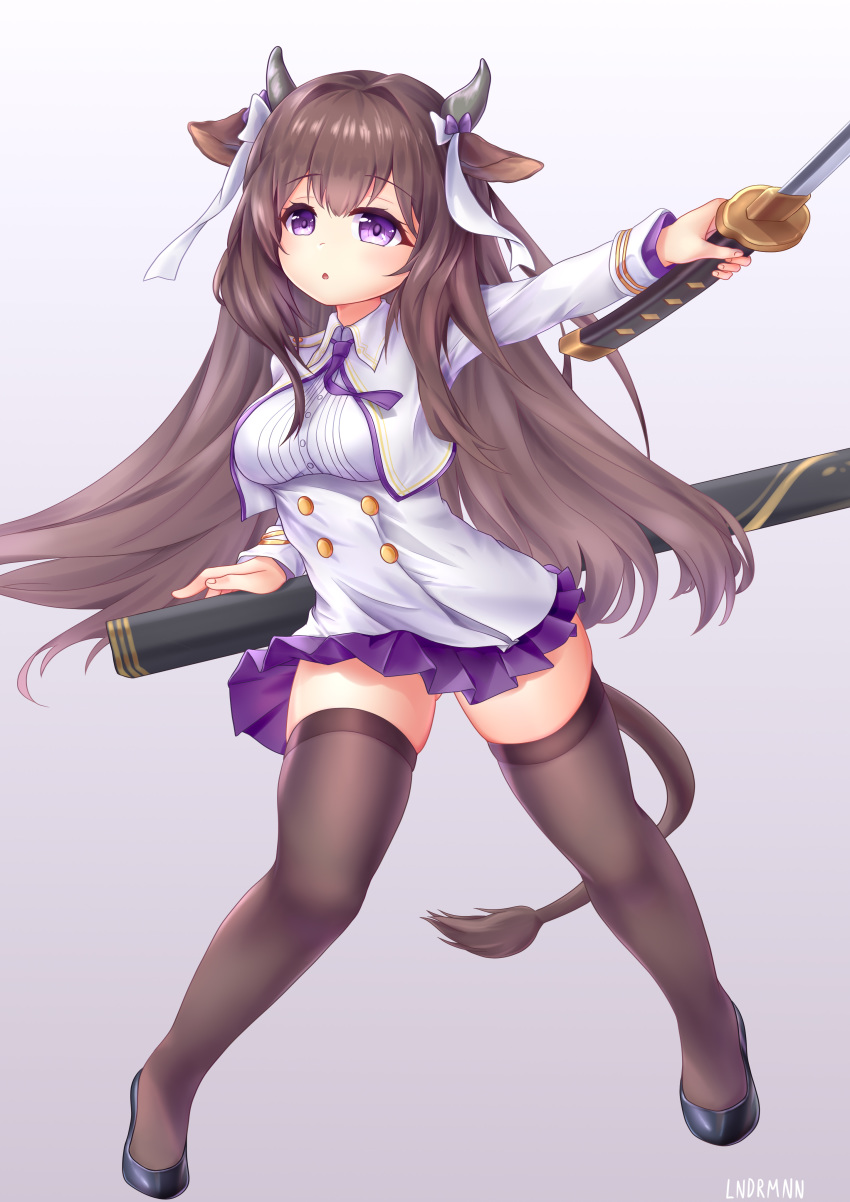 1girl absurdres animal_ears artist_name azur_lane bangs black_footwear breasts brown_hair brown_legwear cow_ears cow_girl cow_horns cow_tail cropped_jacket english_commentary eyebrows_visible_through_hair floating_hair full_body gradient gradient_background highres holding holding_sword holding_weapon horns jacket kashino_(azur_lane) katana lndrmnn long_hair long_sleeves looking_at_viewer medium_breasts name_tag necktie open_clothes open_jacket outstretched_arm parted_lips pleated_skirt purple_eyes purple_neckwear purple_skirt sheath shirt signature skindentation skirt solo standing sword tail thighhighs very_long_hair weapon white_jacket white_shirt wing_collar younger zettai_ryouiki