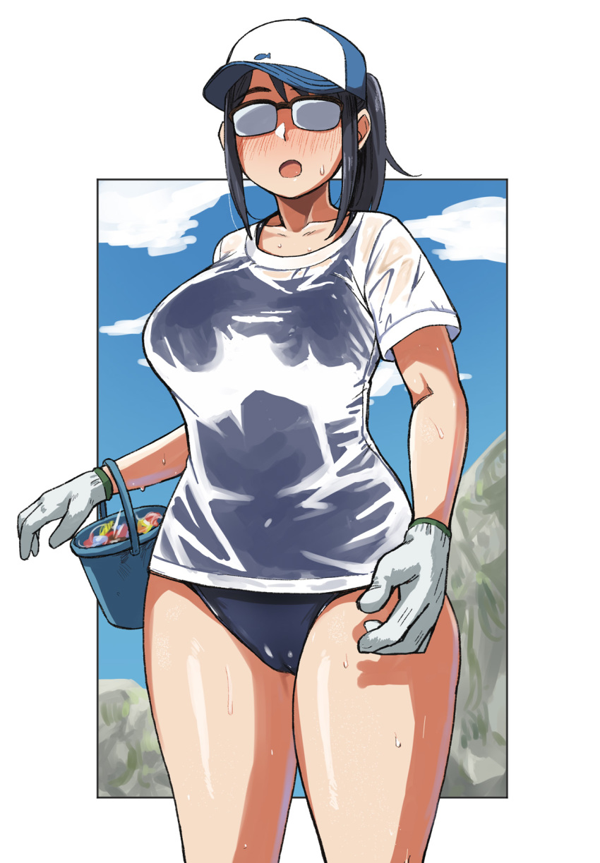 1girl :o baseball_cap black_hair blue_swimsuit blush breasts bucket cloud day glasses gloves hat highres houkago_teibou_nisshi large_breasts long_hair omuraashu one-piece_swimsuit oono_makoto opaque_glasses open_mouth outdoors ponytail see-through shirt short_sleeves sidelocks sky solo sweat swimsuit swimsuit_under_clothes wet wet_clothes wet_shirt
