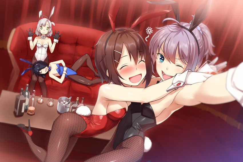 4girls alcohol alternate_costume animal_ears aoba_(kantai_collection) armpits arms_up bare_arms bare_shoulders black_gloves black_hair black_leotard blue_eyes blue_leotard blush bottle bow bowtie breasts brown_hair bunny_ears bunny_girl bunny_tail closed_eyes closed_mouth commentary_request cup detached_collar drinking_glass drunk eyebrows_visible_through_hair fake_animal_ears fake_tail fishnet_legwear fishnets furutaka_(kantai_collection) gahaku gloves green_eyes hair_ornament hairclip hug kako_(kantai_collection) kantai_collection kinugasa_(kantai_collection) leotard looking_at_viewer medium_breasts multiple_girls nose_blush one_eye_closed pantyhose playboy_bunny purple_hair red_leotard sideboob silver_hair sleeping strapless strapless_leotard tail white_leotard wrist_cuffs