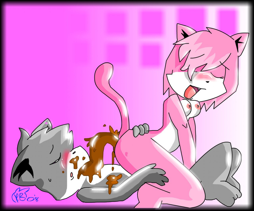 aeris aeris_(vg_cats) anthro blush breasts cat duo eating_shit eyes_closed feces feline female fur grey_fur leo leo_(vg_cats) lying male mammal nipples on_back open_mouth perverted_bunny pink_fur raised_tail scat signature simple_background straight vg_cats webcomic