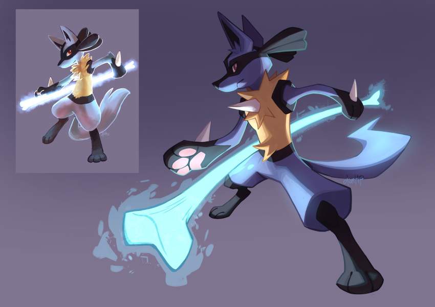 2022 ambiguous_gender anthro black_body black_fur black_inner_ear blue_background blue_body blue_fur bone_rush chest_spike darmp digital_drawing_(artwork) digital_media_(artwork) digitigrade e621_post_recursion feet full-length_portrait fur generation_4_pokemon hand_spike handpaw hi_res hindpaw lucario nintendo pawpads paws pink_pawpads pokemon pokemon_(species) pokemon_move portrait redraw shaded simple_background snout solo spikes spikes_(anatomy) standing yellow_body yellow_fur