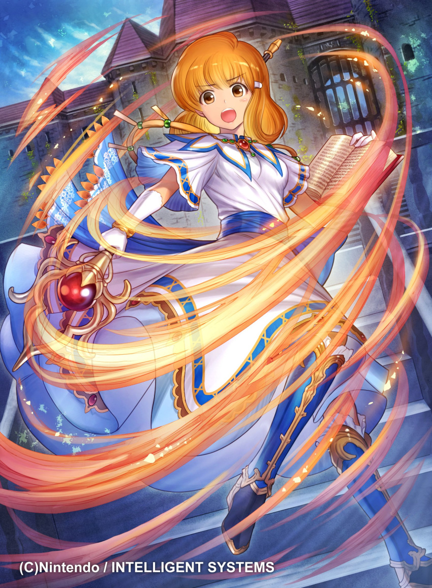 armored_boots book boots castle dress fire_emblem fire_emblem:_genealogy_of_the_holy_war fire_emblem_cipher gloves highres jewelry kyo=hibiki lana_(fire_emblem) magic official_art orange_eyes orange_hair sash staff stairs weapon white_dress