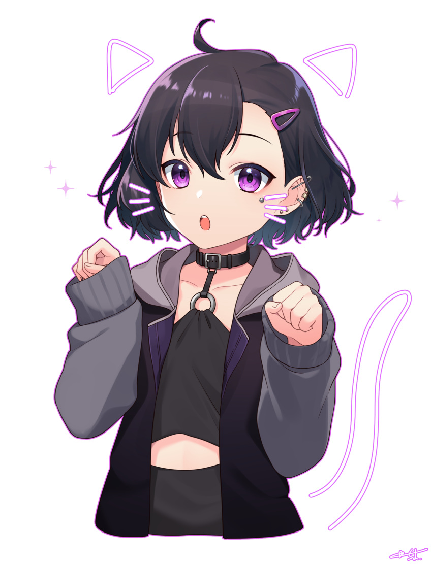 1girl :o ahoge bangs black_collar black_hair black_jacket black_shirt collar collarbone copyright_request cropped_torso drawn_ears drawn_tail drawn_whiskers ear_piercing earrings eyebrows_visible_through_hair hair_between_eyes hair_ornament hairclip hands_up highres jacket jewelry long_sleeves looking_at_viewer o-ring o-ring_top open_clothes open_jacket outline paw_pose piercing purple_eyes purple_outline sakura_chiyo_(konachi000) shirt signature simple_background sleeves_past_wrists solo sparkle stud_earrings upper_body upper_teeth virtual_youtuber white_background