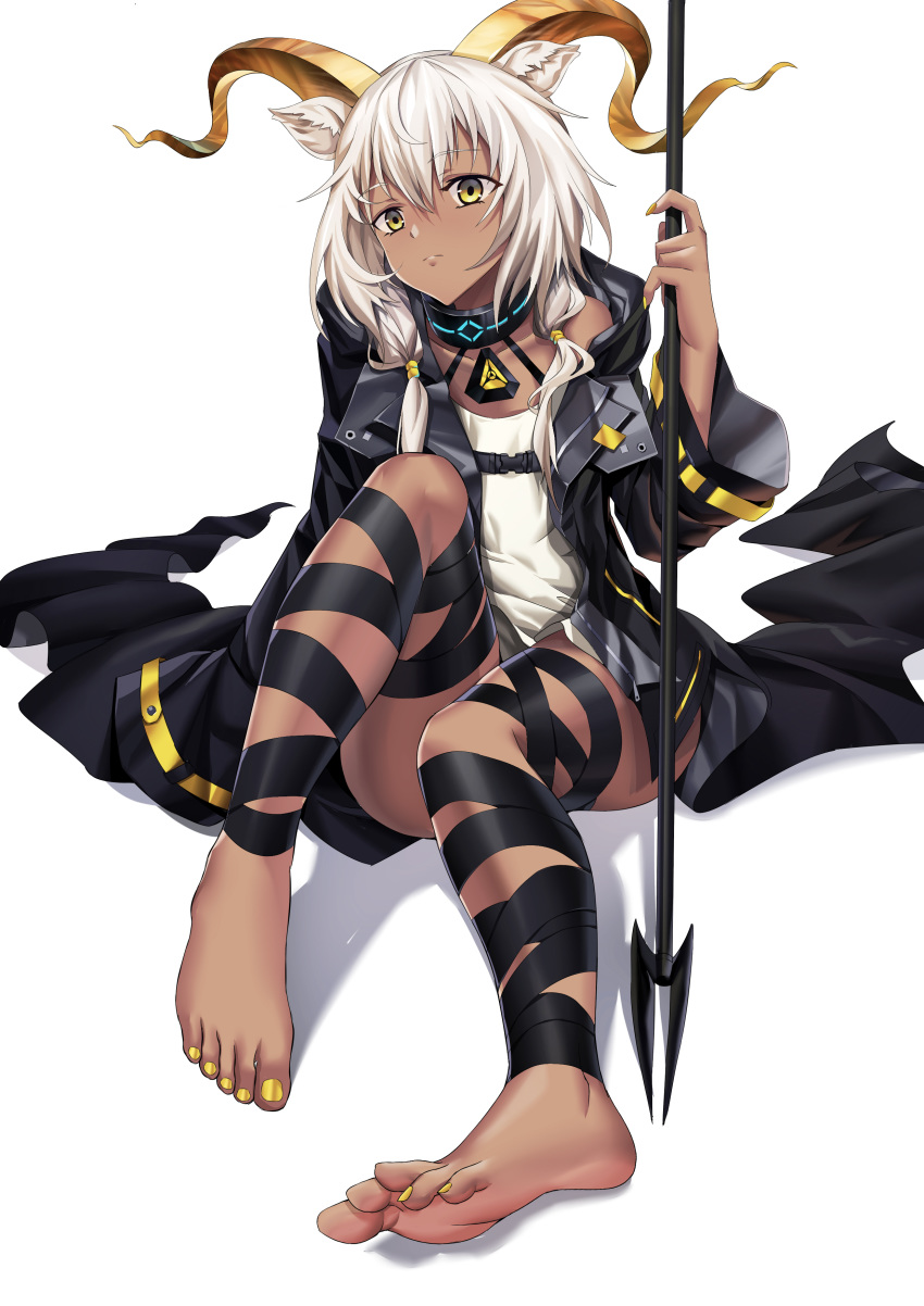 1girl absurdres animal_ears arknights bare_legs barefoot beeswax_(arknights) black_ribbon commentary_request dress feet goat_ears goat_girl goat_horns highres holding holding_staff horns leg_ribbon nail nail_polish off-shoulder_dress off_shoulder ribbon short_hair silver_hair simple_background soles staff thigh_ribbon toes white_background white_dress xo_(xo17800108) yellow_nails