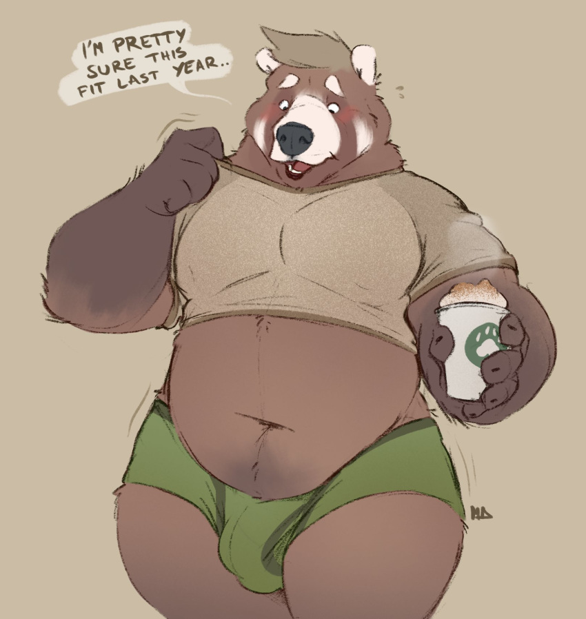 2020 ailurid anthro belly beverage blush bulge clothing coffee english_text hi_res humanoid_hands male mammal minedoo navel overweight overweight_anthro overweight_male red_panda shirt solo text topwear underwear