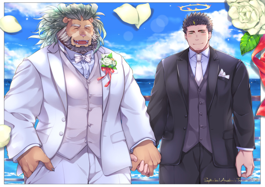 2boys animal_ears arsalan_(tokyo_houkago_summoners) bara beard black_hair black_suit blush bow bowtie brown_fur closed_eyes couple cowboy_shot facial_hair fingernails flower formal furry green_hair halo hands_together holding_hands lion_boy lion_ears male_focus medium_hair multiple_boys petals sharp_fingernails short_hair smile stubble suit tokyo_houkago_summoners wedding white_flower white_neckwear white_petals white_suit yaoi yellow_eyes youzora_samo18 zabaniya_(tokyo_houkago_summoners)