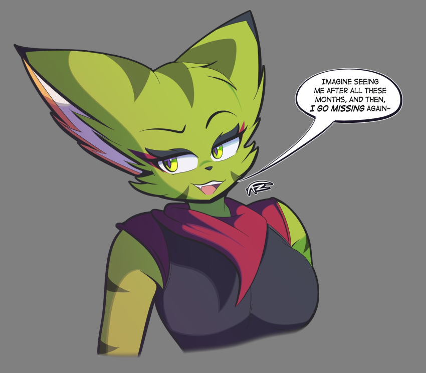 anthro breasts carol_tea clothing dialogue english_text felid feline felis female freakyed freedom_planet freedom_planet_2 fur green_body green_eyes green_fur hi_res mammal open_mouth scarf shirt solo tank_top text topwear video_games wildcat