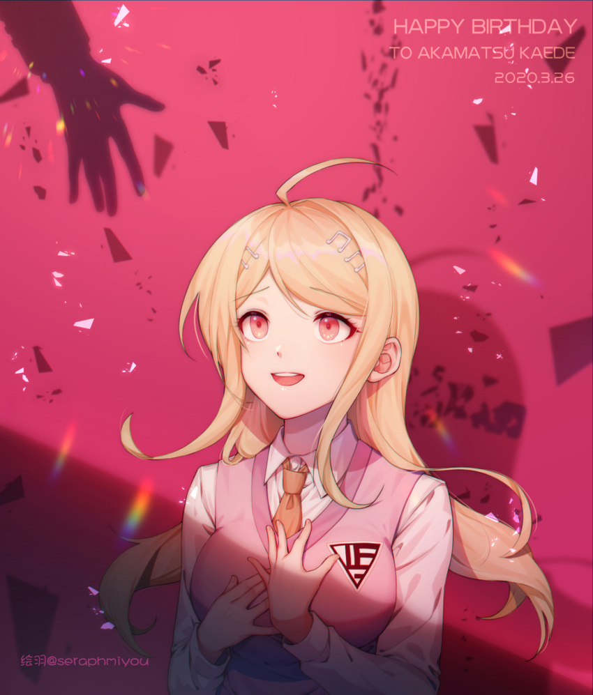 1girl ahoge akamatsu_kaede artist_name bangs blonde_hair breasts character_name commentary_request danganronpa dated eighth_note ewa_(seraphhuiyu) hair_ornament happy_birthday highres large_breasts long_hair long_sleeves looking_up musical_note musical_note_hair_ornament necktie new_danganronpa_v3 open_mouth pink_sweater_vest shirt smile solo_focus sweater_vest upper_body upper_teeth white_shirt