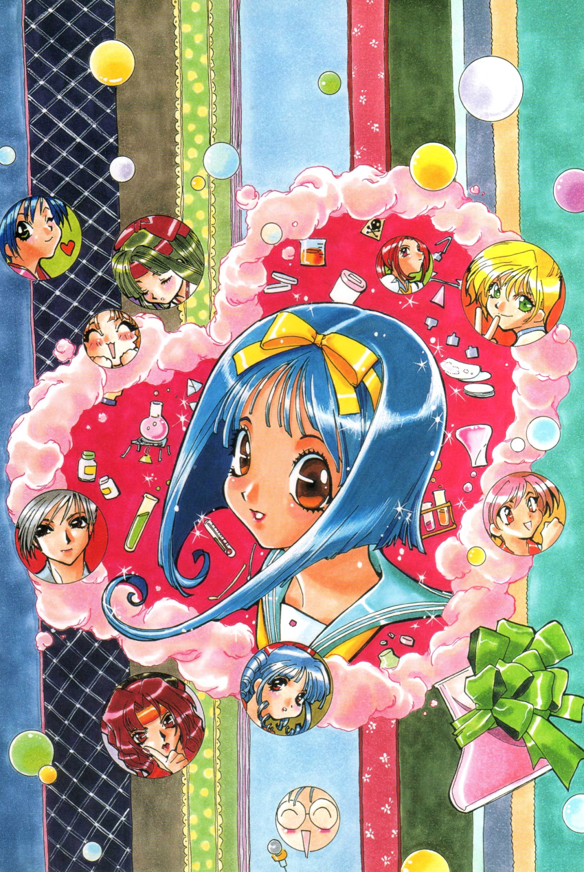 1990s_(style) 6+girls absurdres asuka_120_percent blonde_hair blue_hair blue_sailor_collar bow brown_eyes cathy_wild dark_blue_hair flask furutachi_ichiko green_hair grey_hair highres honda_asuka houjou_torami ishida_atsuko mitarai_kiyoko multiple_girls official_art ookubo_kumi owada_nana pink_hair red_hair sailor_collar scan shindou_tamaki short_hair smile smoke solo_focus suzuki_megumi toyota_karina traditional_media yamazaki_ryuuko yellow_bow