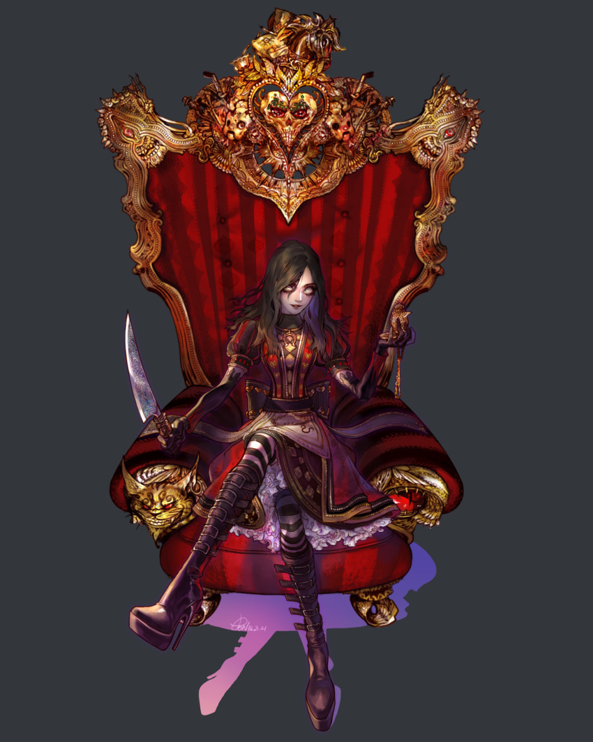 1girl alice:_madness_returns alice_liddell american_mcgee's_alice black_hair blood boots chair grey_background highres knife long_hair looking_at_viewer petticoat pigeon666 solo striped striped_legwear throne weapon