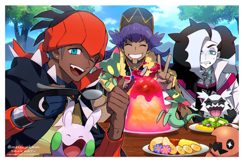 3boys aqua_eyes black_hair black_hoodie closed_eyes cloud commentary_request curry dark_skin dark_skinned_male day dreepy dynamax_band eyelashes eyeshadow facial_hair food galarian_form galarian_zigzagoon gen_3_pokemon gen_6_pokemon gen_8_pokemon gigantamax gloves goomy green_eyes gym_leader hair_over_one_eye hands_up holding holding_spoon jacket leon_(pokemon) long_hair makeup meiji_ken multicolored_hair multiple_boys official_style outdoors piers_(pokemon) pokemon pokemon_(creature) pokemon_(game) pokemon_swsh purple_hair raihan_(pokemon) single_glove sky smile spoon sweatdrop teeth thumbs_up trapinch tree two-tone_hair white_jacket