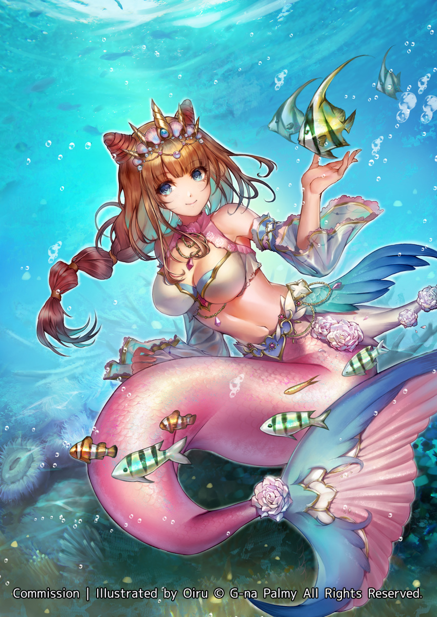 blue_eyes braid breasts brown_hair commission coral_reef crown_hair_ornament detached_sleeves fins fish fish_tail flower_ornament highres kittika_thaworn medium_breasts mermaid monster_girl navel original sitting tail underwater