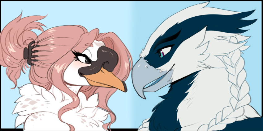 2020 2:1 avian beak bird blue_eyes briad brown_eyes digital_media_(artwork) duo eyebrows eyelashes hair kittydee smile