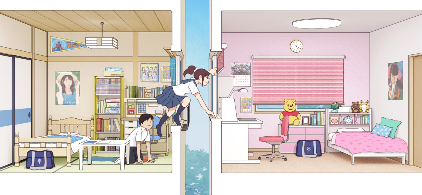 1boy 1girl bag bed black_hair brown_hair calendar_(object) chair climbing clock crawling cross-section desk highres indoors kiyo_(kyokyo1220) kneeling office_chair original ponytail pooh poster_(object) school_bag school_uniform serafuku table tatami upskirt winnie_the_pooh