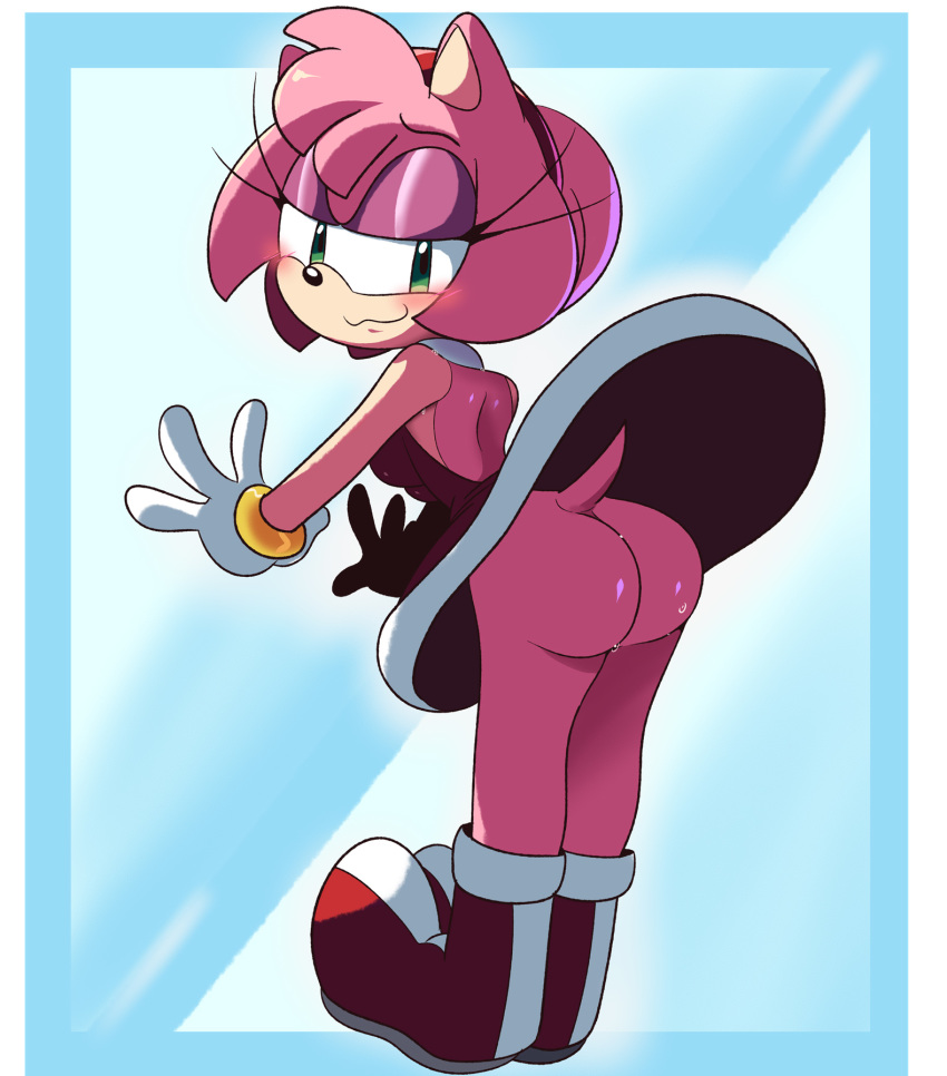 amy_rose anthro blue_background blush bodily_fluids boots butt clothed clothing dress eulipotyphlan eyelashes eyeliner female footwear gloves green_eyes hair handwear hedgehog hi_res leaning leaning_forward lewdloaf long_eyelashes looking_at_viewer looking_back looking_back_at_viewer makeup mammal no_underwear pink_body pink_hair presenting presenting_hindquarters simple_background solo sonic_the_hedgehog_(series) sweat upskirt