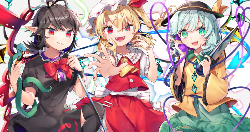 3girls absurdres ascot asymmetrical_wings black_dress black_hair black_legwear blonde_hair blue_wings blush bow bowtie buttons center_frills collared_shirt crystal dress eyeball eyebrows_visible_through_hair fangs flandre_scarlet floral_print frilled_dress frilled_shirt frilled_shirt_collar frilled_skirt frilled_sleeves frills green_eyes green_hair green_skirt gunjou_row hat hat_bow hat_ribbon heart heart_of_string highres holding holding_phone holding_weapon houjuu_nue huge_filesize knife komeiji_koishi long_sleeves medium_hair mob_cap multiple_girls nail_polish one_side_up open_mouth phone pointy_ears polearm puffy_short_sleeves puffy_sleeves red_bow red_eyes red_neckwear red_ribbon red_skirt red_vest red_wings ribbon shirt short_dress short_hair short_sleeves siblings side_ponytail skirt skirt_set snake stage_connection string thighhighs third_eye touhou trident vest wavy_hair weapon white_shirt wide_sleeves wings yellow_bow yellow_neckwear yellow_ribbon yellow_shirt zettai_ryouiki