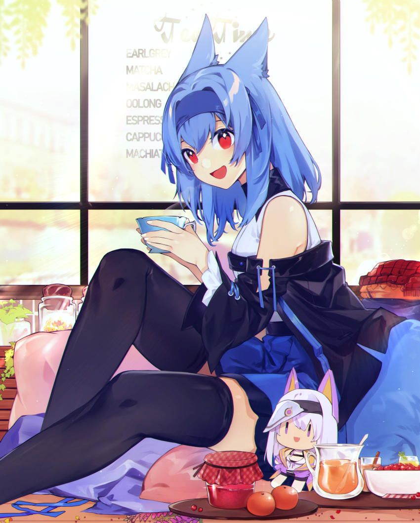 1girl animal_ears bare_shoulders black_jacket black_legwear blue_hair blue_hairband character_doll cup dog_ears dog_tail eyebrows_visible_through_hair hairband highres holding holding_cup jacket looking_at_viewer medium_hair off-shoulder_jacket open_mouth original profile red_eyes rene_(rirene) rirene_rn shirt sitting skirt solo tail teacup thighhighs white_shirt zonea_(akizone)