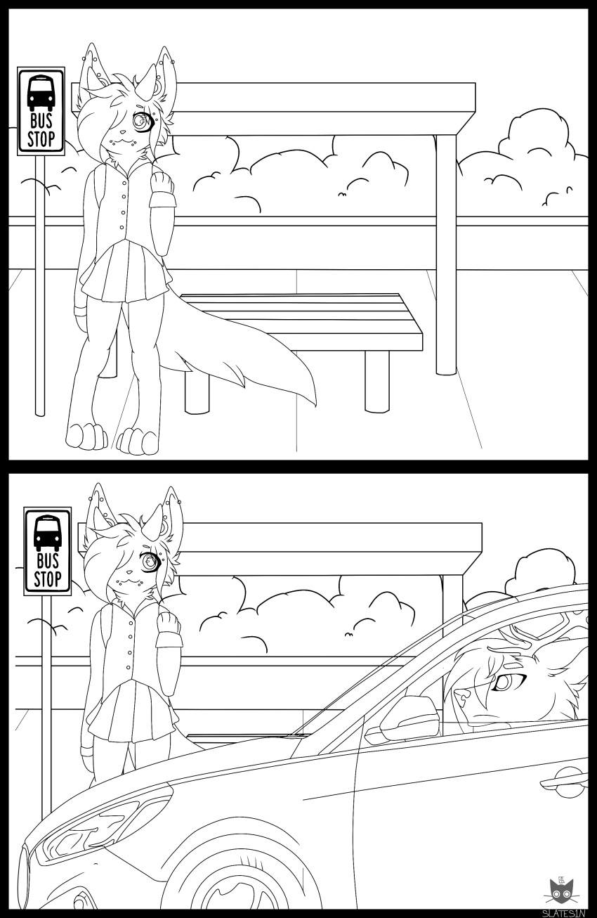 absurd_res age_difference anthro black_and_white bus_stop canid canine canis car cat_demon clothing comic domestic_cat duo felid feline felis female hi_res hybrid male mammal monochrome older_male school_uniform simple_background slates1n uniform vehicle wolf young younger_female