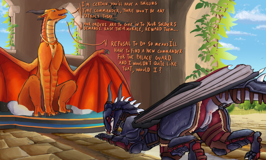 absurd_res armor butt dragon dragonsponies female feral fey_(zavan) genitals hi_res jewelry presenting presenting_hindquarters pussy royalty scarlet_(wof) skywing_(wof) solo text wings_of_fire