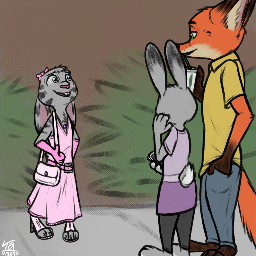 1:1 2020 anthro barefoot blue_eyes buckteeth canid canine clothed clothing crossdressing disney dress ear_markings ears_down ears_up facial_markings fox fully_clothed fur grey_body grey_fur group head_markings hi_res jack_savage judy_hopps lagomorph leporid looking_at_another mammal markings nick_wilde open_mouth open_smile orange_body orange_fur pivoted_ears rabbit red_fox smile standing tangerine_(artist) teeth zootopia
