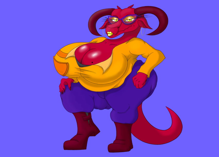 2020 anthro belly big_breasts boots breasts cleavage clothed clothing curvy_figure digital_media_(artwork) digital_painting_(artwork) dragon ear_piercing ear_ring ears_down eyewear fan_character female footwear glasses horn huge_breasts legwear lipstick makeup mature_anthro mature_female nekerlum non-mammal_breasts overweight overweight_anthro overweight_female piercing pivoted_ears pose red_body simple_background slightly_chubby solo thick_thighs thigh_highs voluptuous yellow_eyes