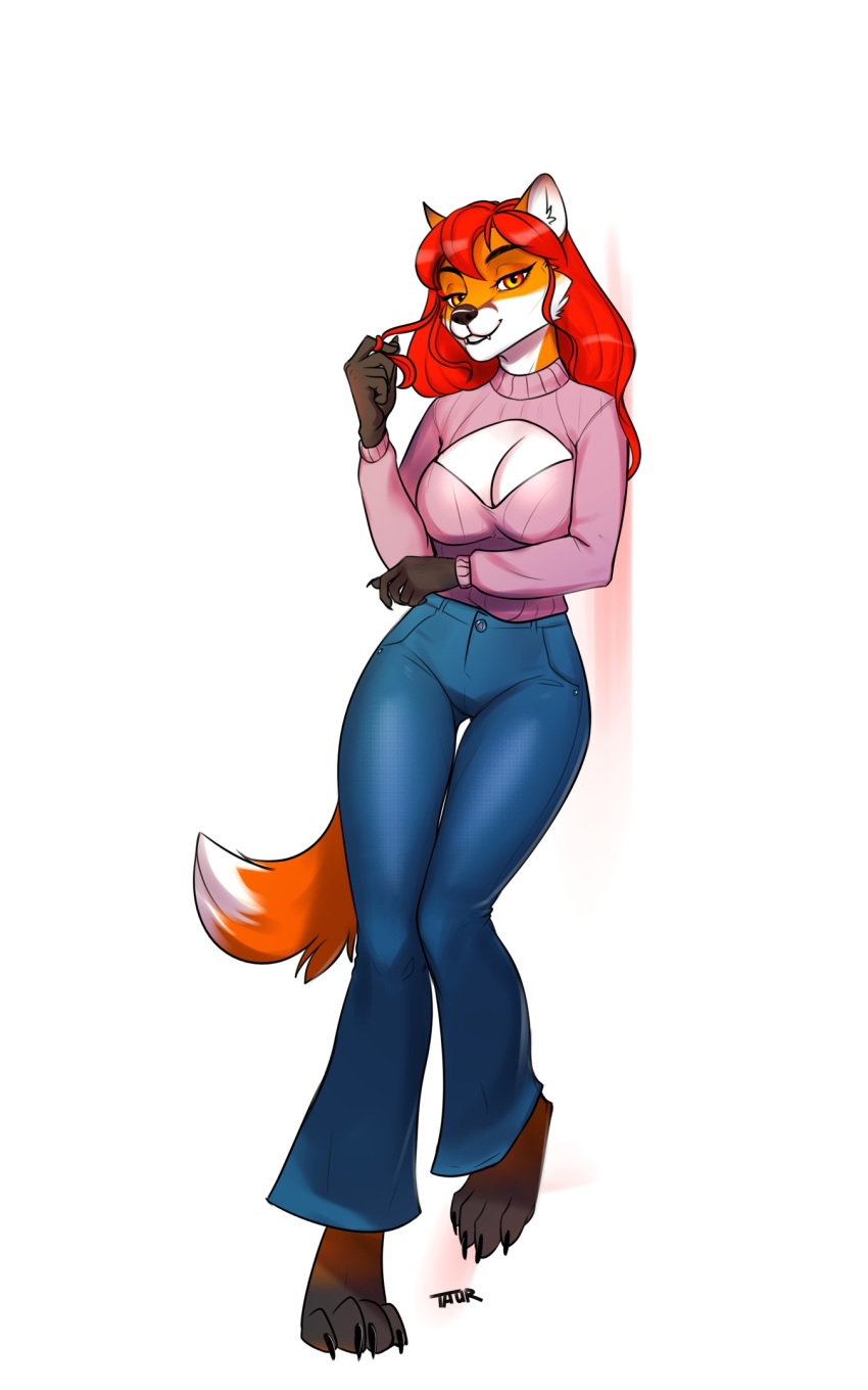 10:16 anthro canid canine clothed clothing digital_media_(artwork) eyebrows eyelashes female fox fur hair hi_res mammal orange_body orange_fur red_eyes red_hair simple_background smile solo taurusart white_background