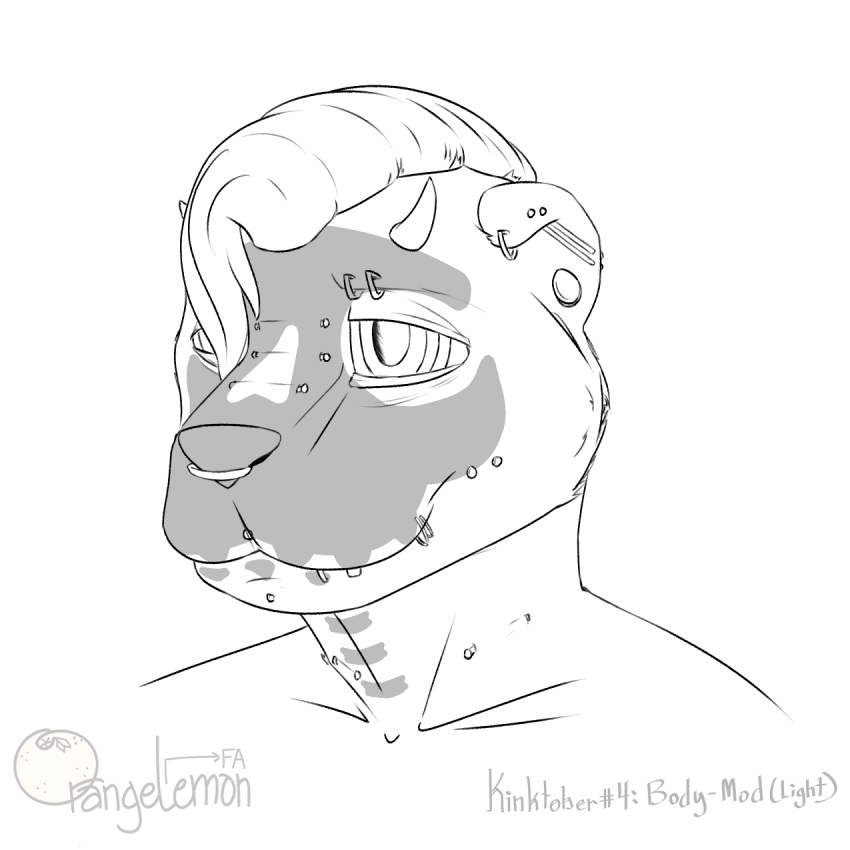 1:1 2020 ambiguous_gender andromorph_(lore) anthro black_and_white bridge_piercing cheek_piercing ear_piercing eye_tattoo facial_piercing hair headshot_portrait hi_res horn kinktober lip_piercing lutrine mammal moblie moblie_(character) monochrome mustelid neck_piercing nose_piercing piercing portrait simple_background skeleton_markings sketch solo white_background