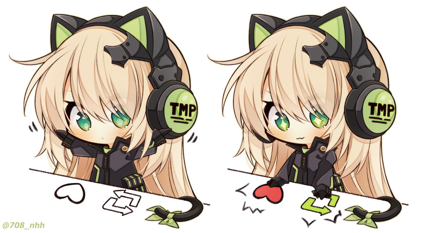 +_+ 1girl 7:08 absurdres animal_ears bangs black_gloves black_jacket blonde_hair blush buttons cat_ear_headphones cat_ears cat_tail chibi commentary_request eyebrows_visible_through_hair girls_frontline gloves green_eyes hair_between_eyes headphones highres jacket long_hair long_sleeves pressing sidelocks simple_background solo tail tmp_(girls_frontline) twitter_username upper_body white_background