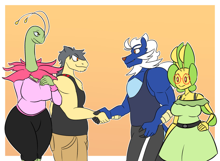 antennae_(anatomy) anthro big_breasts blue_body blue_fur breasts clothing dress_shirt female fur green_body group hambor12 hi_res leavanny leggings legwear male meganium nintendo pok&eacute;mon pok&eacute;mon_(species) samurott shirt tank_top thick_thighs topwear typhlosion video_games wide_hips yellow_body