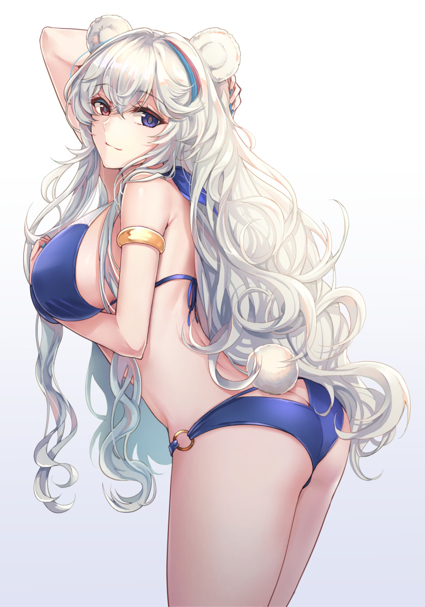 1girl animal_ears arknights arm_behind_head arm_up armlet ass ass_cutout bare_shoulders bear_ears bikini blue_bikini blue_nails breasts bunny_tail clothing_cutout cowboy_shot halterneck heterochromia highres large_breasts leaning_forward long_hair looking_at_viewer looking_back multicolored_hair nail_polish o-ring o-ring_bikini purple_eyes red_eyes rosa_(arknights) simple_background solo standing streaked_hair string_bikini swimsuit tail thighs very_long_hair white_background white_hair yuemanhuaikong