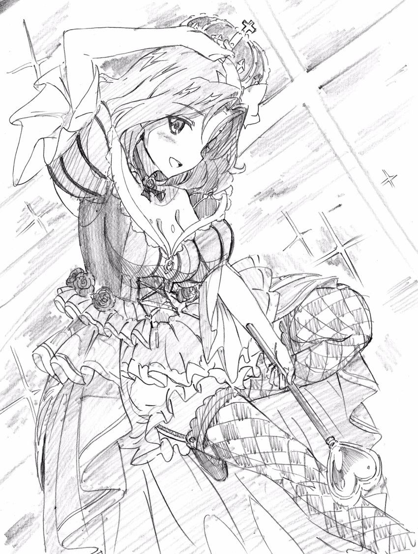 1girl alice_in_wonderland argyle argyle_legwear arm_up azumi_(girls_und_panzer) bangs breasts cleavage commentary cosplay crown flower frilled_sleeves frills garter_straps girls_und_panzer girls_und_panzer_senshadou_daisakusen! graphite_(medium) greyscale hand_on_own_head heart highres holding holding_wand invisible_chair leg_up medium_breasts medium_dress medium_hair monochrome open_mouth parted_bangs pink_x puffy_short_sleeves puffy_sleeves queen_of_hearts queen_of_hearts_(cosplay) rose shoes short_sleeves sitting sketch smile solo sparkle thighhighs traditional_media wand