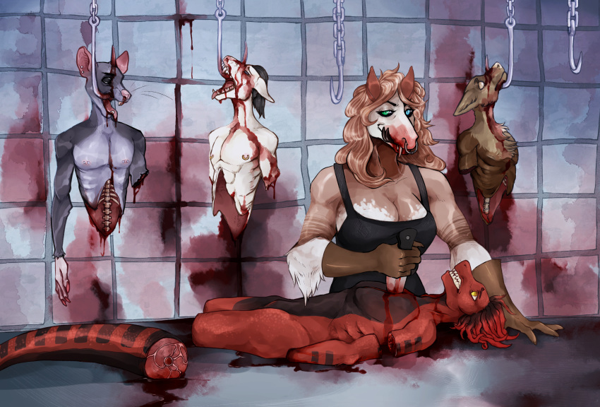 anthro big_breasts blood bodily_fluids bone breasts canid canine canis cannibalism corpse death domestic_dog equid equine female food furx_(character) gore grey_body group hi_res hook horse hungry killing knife kolkolukija lizard male mammal maniac meat murid murine nightmare_fuel rat red_body reptile rodent scalie white_body why wolf
