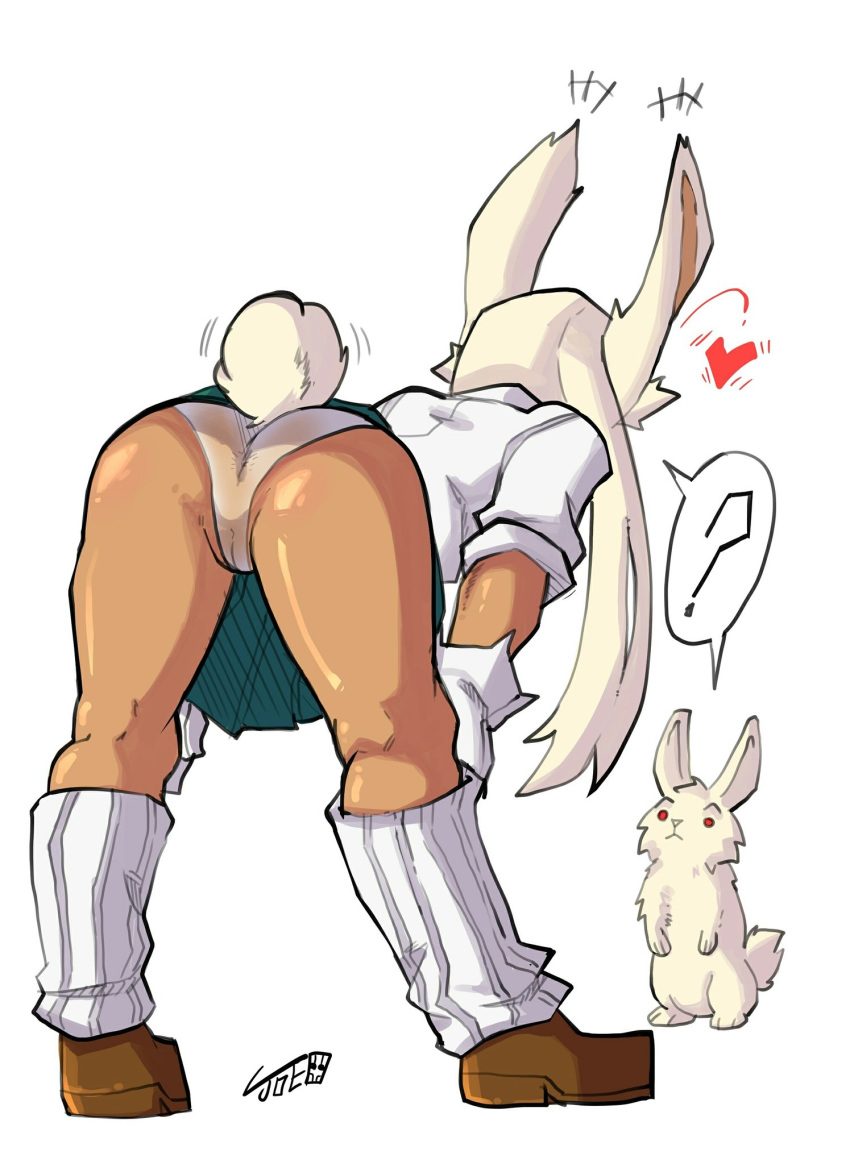 1girl ? animal animal_ears ass bent_over boku_no_hero_academia brown_footwear bunny bunny_ears bunny_tail cameltoe commission covered_anus crusader_joe dark_skin from_behind gloves green_skirt heart highres leaning_forward long_hair mirko panties rabbit_girl red_eyes school_uniform see-through shirt short_sleeves signature simple_background skirt spoken_question_mark tail underwear white_background white_gloves white_shirt