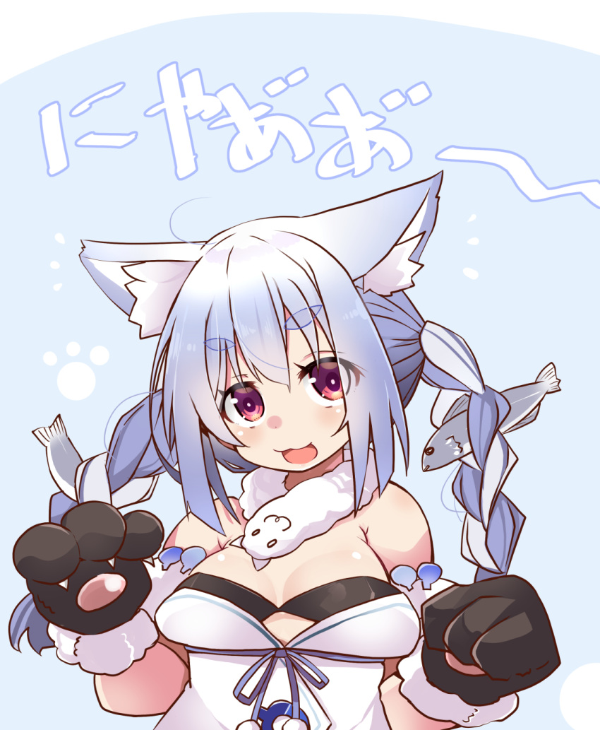 1girl :3 :d ahoge animal_ear_fluff animal_ears armpit_crease bangs bare_shoulders black_gloves blue_background blue_ribbon blush braid breasts bright_pupils cat_girl claws cleavage commentary_request don-chan_(usada_pekora) dot_nose eyebrows_visible_through_hair eyes_visible_through_hair fish_hair_ornament fur-trimmed_gloves fur_trim gloves hair_between_eyes hair_ornament highres hololive large_breasts long_hair looking_at_viewer multicolored_hair open_mouth paw_gloves paw_print paws pom_pom_(clothes) red_eyes ribbon shiny shiny_skin shirogane_(platinum) short_eyebrows sidelocks smile thick_eyebrows translated twin_braids upper_body usada_pekora virtual_youtuber white_hair white_pupils