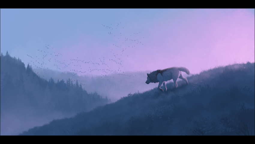 2020 ambient_bird ambiguous_gender avian bird canid canine canis day detailed_background digital_media_(artwork) digital_painting_(artwork) feral fog fur grass letterbox light mammal mountain oneminutesketch outside sky solo tree walking white_body white_fur wolf