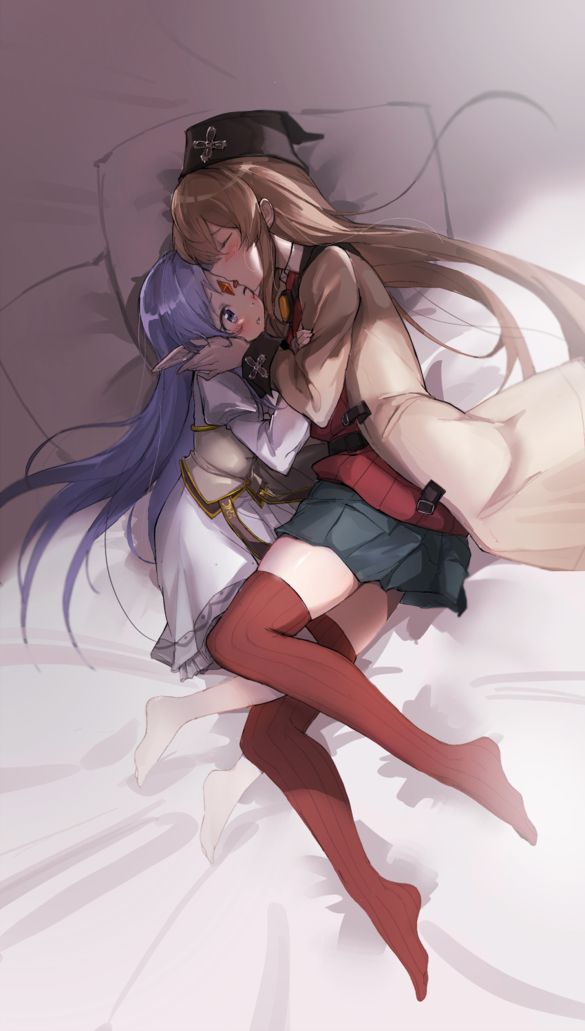 2girls absurdres bed black_headwear black_skirt blue_eyes blue_hair blush brown_coat brown_hair brown_legwear closed_eyes coat dress el_mofus_(rance_10) face-to-face face_licking forehead_jewel hand_on_another's_face hat highres licking long_hair lying multiple_girls on_side one_eye_closed pantyhose pointy_ears rance_(series) rance_10 red_sweater skirt sweater thighhighs wdh841964350 white_dress white_legwear