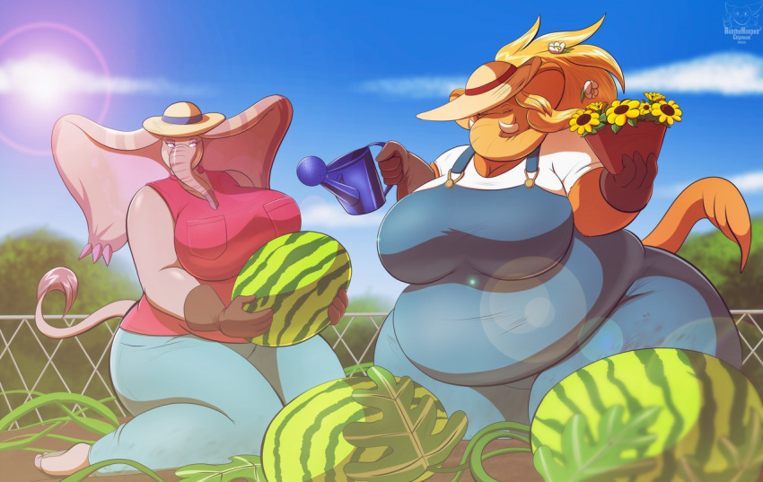 anthro big_breasts breasts clothed clothing cloud day duo elephant elephantid female flower_pot food fruit gloves hair handwear hat headgear headwear mammal mammoth melon outside overweight overweight_female plant proboscidean robthehoopedchipmunk sarah_fairhart sky smile sun trunk tusks watering_can watermelon