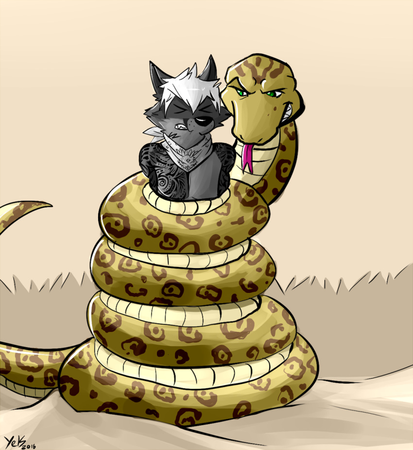 anthro aydan bandanna canid canine coiling crush feral fox grin hi_res imminent_vore kerchief male mammal pain predator/prey reptile scalie smile snake squeezing tattoo vore yelsarts_(artist)