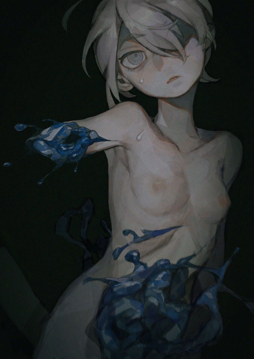 1girl ahoge blood blue_blood blue_eyes breasts collarbone completely_nude crystal eyebrows_visible_through_hair grey_hair hair_over_one_eye highres injury intestines light_blue_eyes nude organs original parted_lips qdxs2 short_hair solo sweat