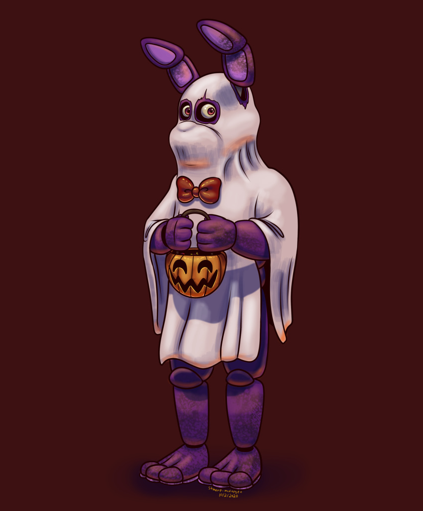 2020 animatronic basket bonnie_(fnaf) clothing costume fingers five_nights_at_freddy's food fruit halloween hi_res holding_object holidays lagomorph leporid machine male mammal plant pumpkin purple_body purple_inner_ear rabbit red_eyes ribbons robot shmorp-mcdurgen signature solo standing toes video_games