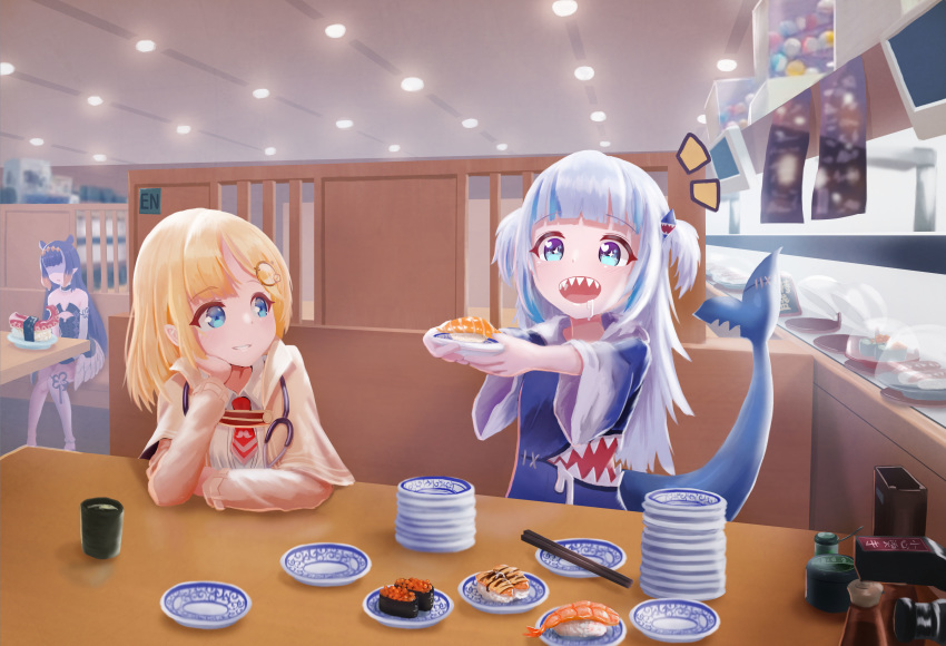 3girls :d absurdres aqua_hair bangs blonde_hair blunt_bangs bowl chopsticks commentary_request drooling eyebrows_visible_through_hair food_request gawr_gura gloom_(expression) grin hand_on_own_chin head_rest highres holding holding_bowl hololive hololive_english indoors karorena long_hair medium_hair mixed-language_commentary monocle_hair_ornament multicolored_hair multiple_girls ninomae_ina'nis open_mouth restaurant saliva shark_hair_ornament shark_tail sharp_teeth sitting smile table tail teeth two-tone_hair virtual_youtuber watson_amelia white_hair