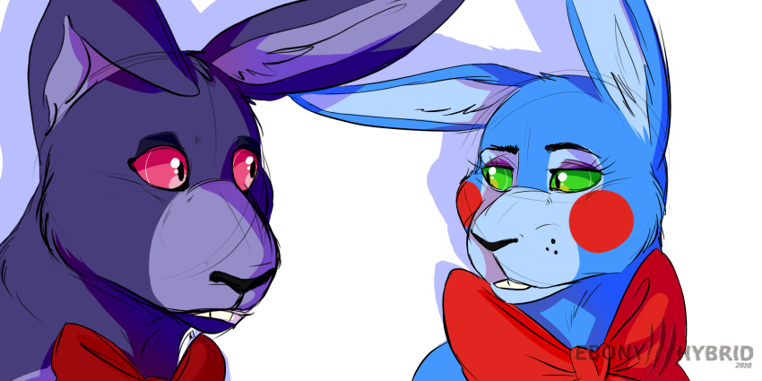 2020 2:1 blue_body blue_fur bonnie_(fnaf) bow buckteeth duo ebony-hybrid249 eyebrows eyeshadow feral five_nights_at_freddy's five_nights_at_freddy's_2 fur girly green_eyes hi_res inner_ear_fluff lagomorph leporid long_ears makeup male mammal pink_eyes purple_body purple_fur rabbit red_cheeks simple_background teeth toy_bonnie_(fnaf) tuft video_games white_background