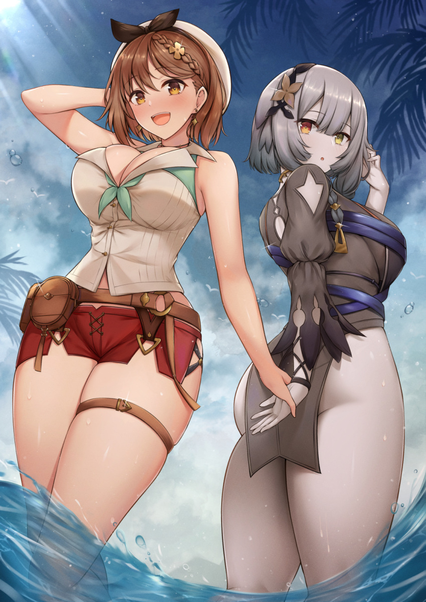 2girls ass atelier_(series) atelier_ryza atelier_ryza_2 belt black_skirt blue_sky breasts brown_belt brown_eyes brown_hair cleavage cloud fou_zi grey_hair grey_leotard hair_ornament hairclip highres holding_hands large_breasts leather_belt leotard multiple_girls pale_skin palms puffy_short_sleeves puffy_sleeves red_shorts reisalin_stout serri_glaus shallow_water short_hair short_shorts short_sleeves shorts single_sidelock skirt sky thick_thighs thigh_strap thighs wading water wet wet_clothes white_headwear yellow_eyes