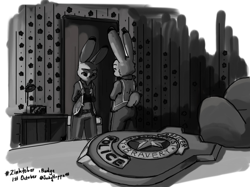 2020 4:3 anthro badge clothed clothing disney fully_clothed hi_res inktober inside judy_hopps judyhopps44 lagomorph leporid mammal rabbit reflection solo standing zootopia