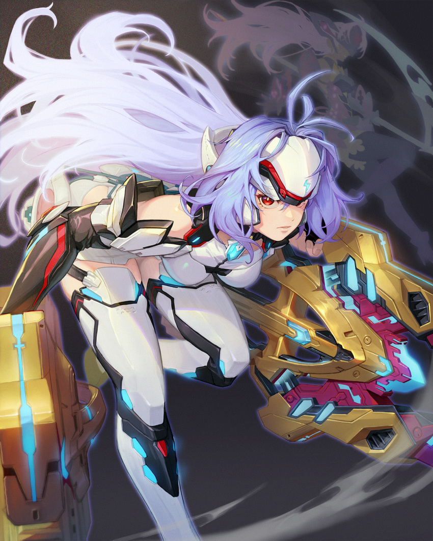 2girls android bare_shoulders breasts energy_weapon forehead_protector gloves grey_background highres hwoking kos-mos kos-mos_re: leaning_forward long_hair looking_at_viewer medium_breasts multiple_girls purple_eyes red_eyes scythe simple_background solo_focus t-elos t-elos_re: thighhighs very_long_hair weapon xenoblade_chronicles_(series) xenoblade_chronicles_2 xenosaga