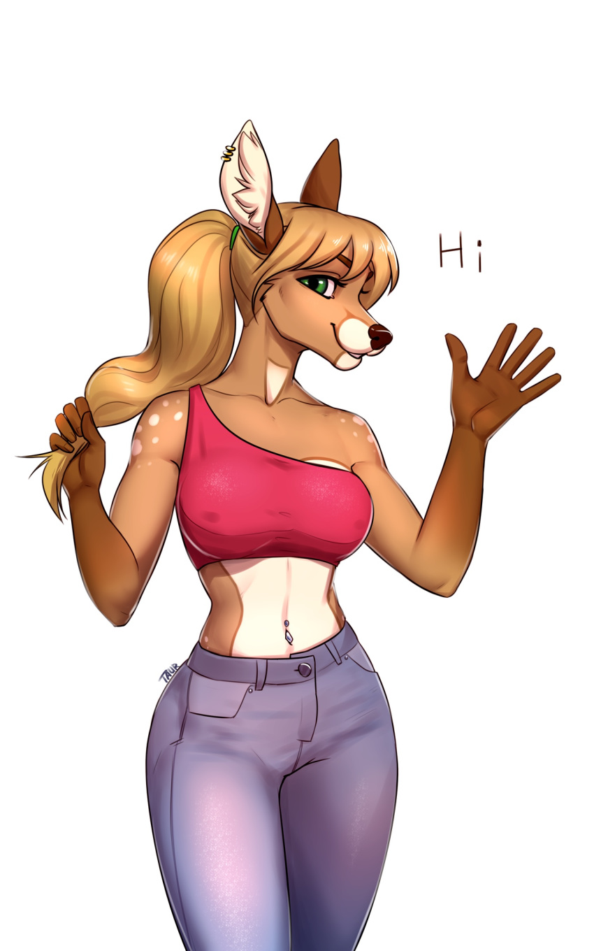 10:16 5_fingers anthro blonde_hair breasts brown_nose cervid digital_media_(artwork) ear_piercing ear_ring eyebrows eyelashes female fingers green_eyes hair hi_res mammal piercing smile solo standing taurusart