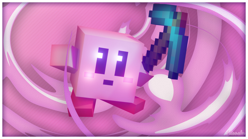 16:9 2020 3d_(artwork) abstract_background alien ambiguous_gender black_eyes border crossover diamond_(disambiguation) diamond_pickaxe digital_media_(artwork) hi_res kirby kirby_(series) minecraft nicochr1 nintendo not_furry nude pickaxe pink_background pink_body pink_hands pink_skin pupils red_feet rosy_cheeks simple_background solo square square_pupils standing super_smash_bros. super_smash_bros._ultimate video_games waddling_head white_border widescreen