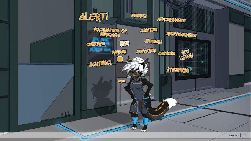 android anthro black_body black_fur breasts clothed clothing dialogue dipstick_tail english_text felid female fur hair machine mammal multicolored_tail open_mouth robot solo text tongue tongue_out warning_(fluff-kevlar) white_hair yawg yellow_tongue